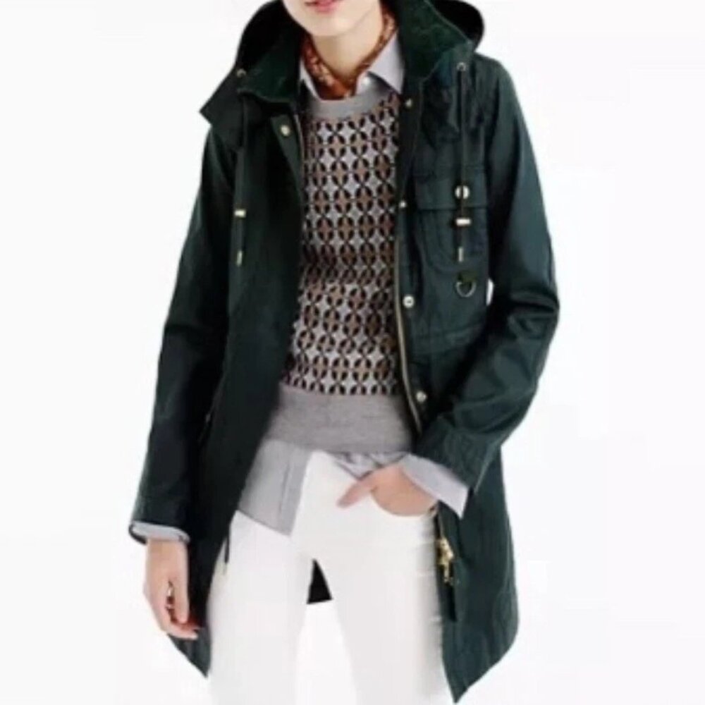 J.CREW The Downtown Green Wax Coated Long Field Jacket Size XS